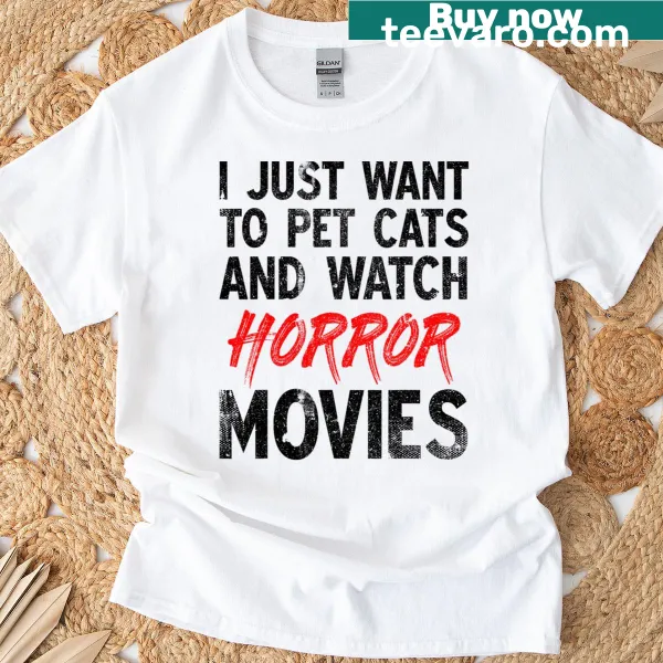 Halloween T-shirt with playful text about cats and horror movies