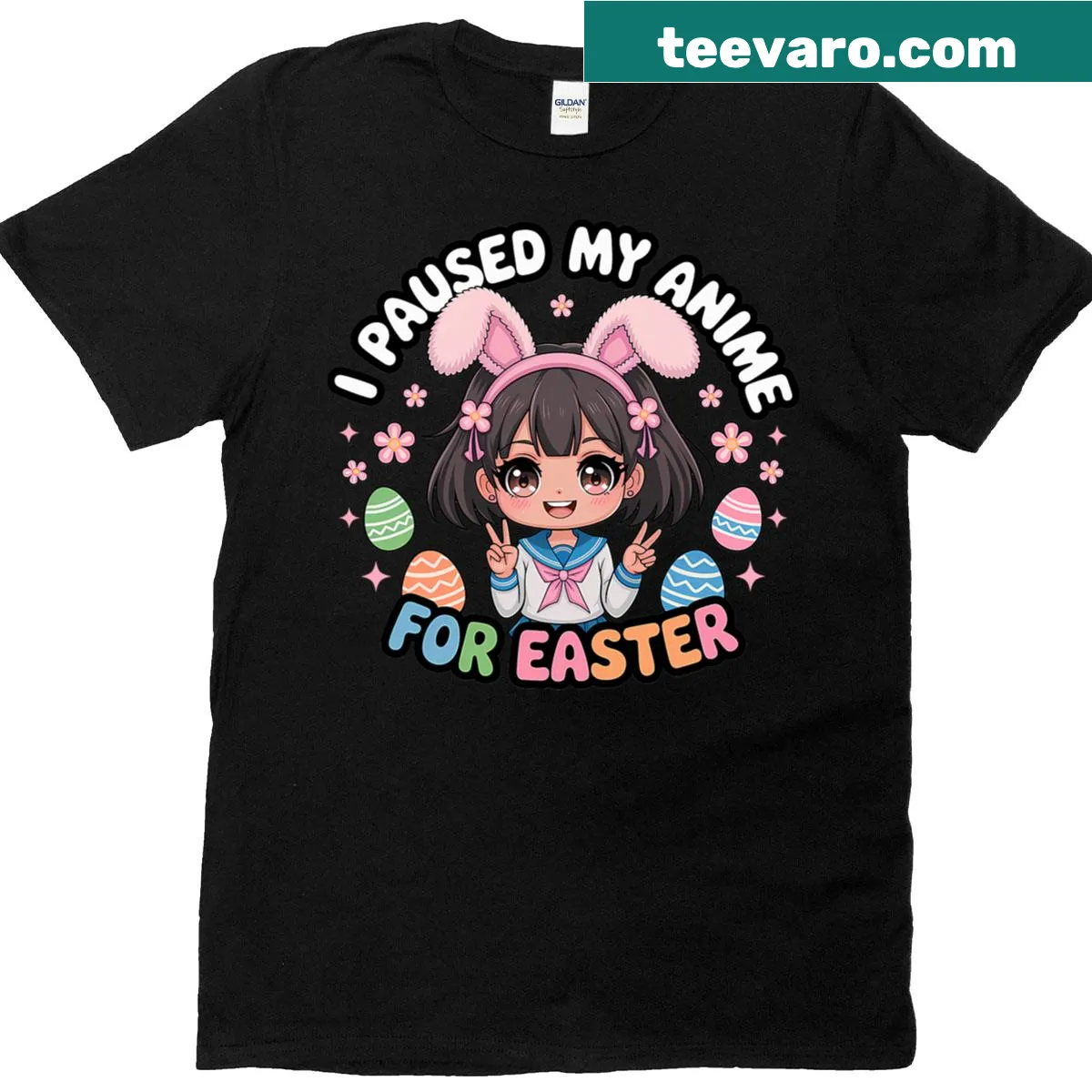 Funny t-shirt that says 'I Paused My Anime For Easter' — on a men's t-shirt