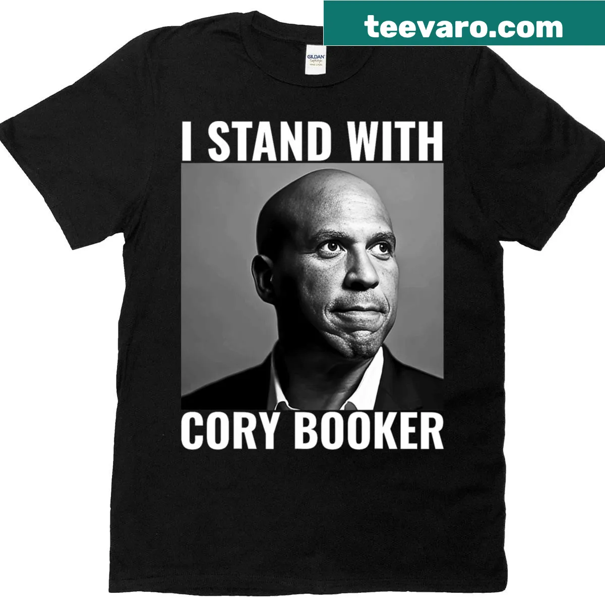 Supportive Cory Booker t-shirt with bold text design — on a men's t-shirt