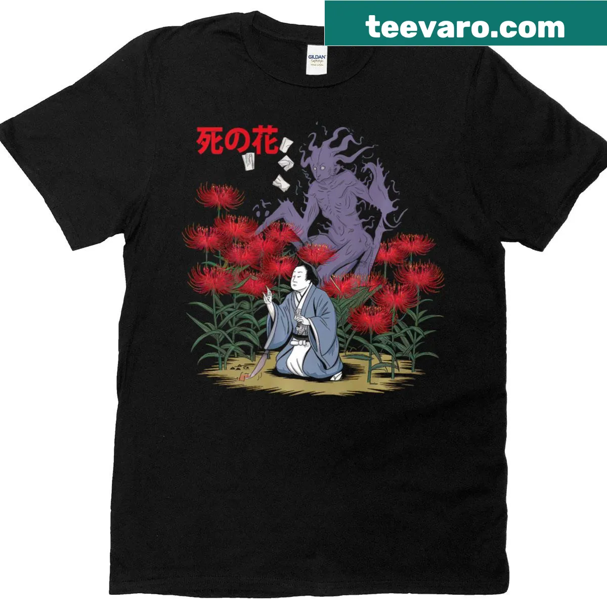 T-shirt featuring illustrated Higanbana flower design — on a men's t-shirt