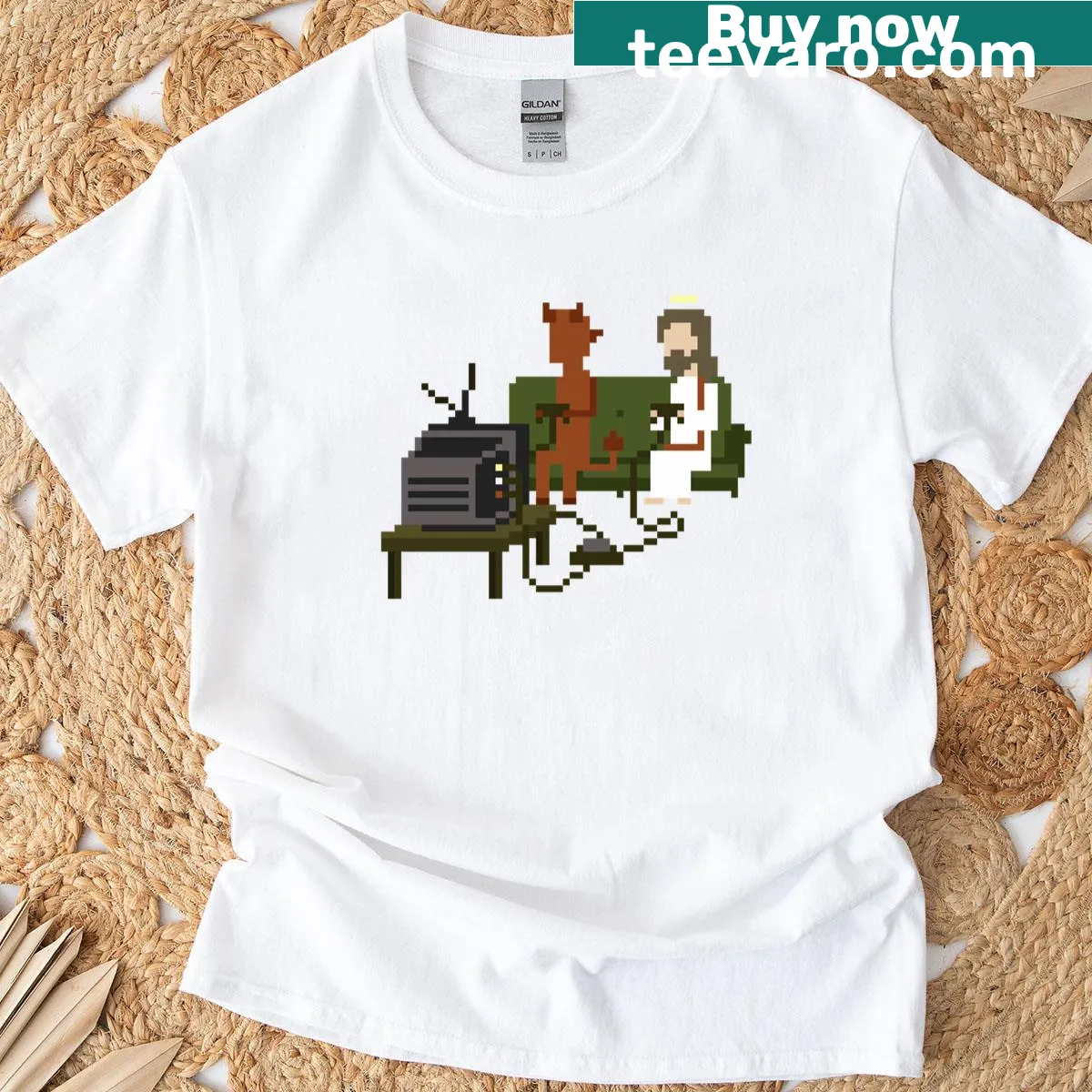 Pixel art T-shirt of Jesus and the Devil playing video games — on a men's t-shirt