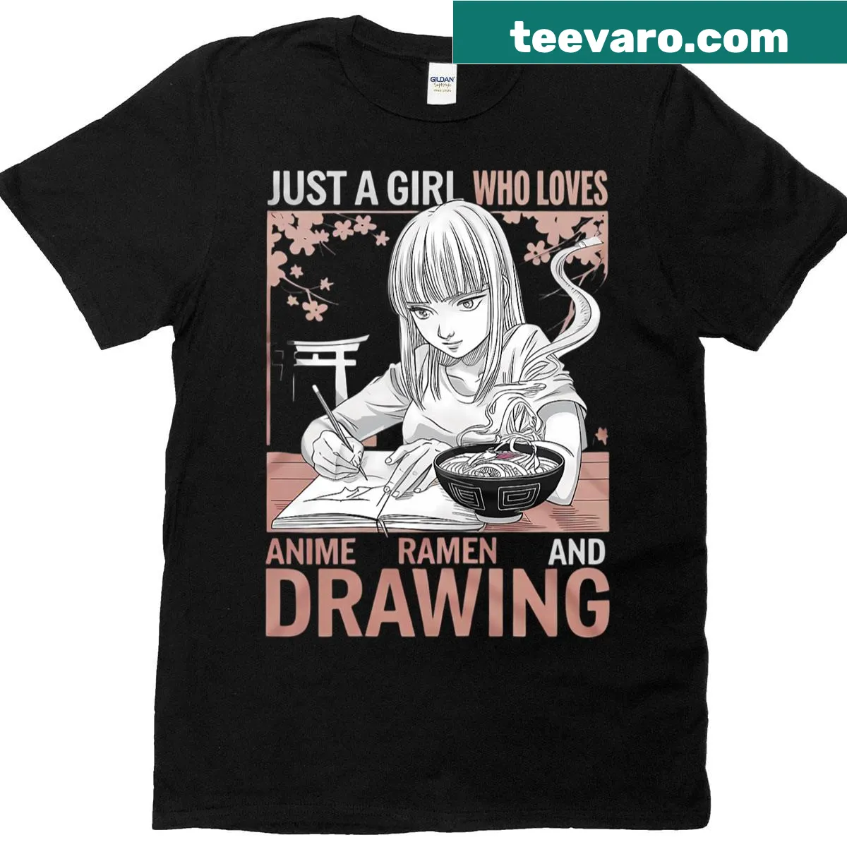 Illustrated T-shirt of a girl who loves anime and ramen — on a men's t-shirt