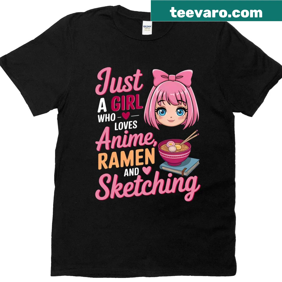 Cute anime t-shirt with ramen and sketching themes — on a men's t-shirt