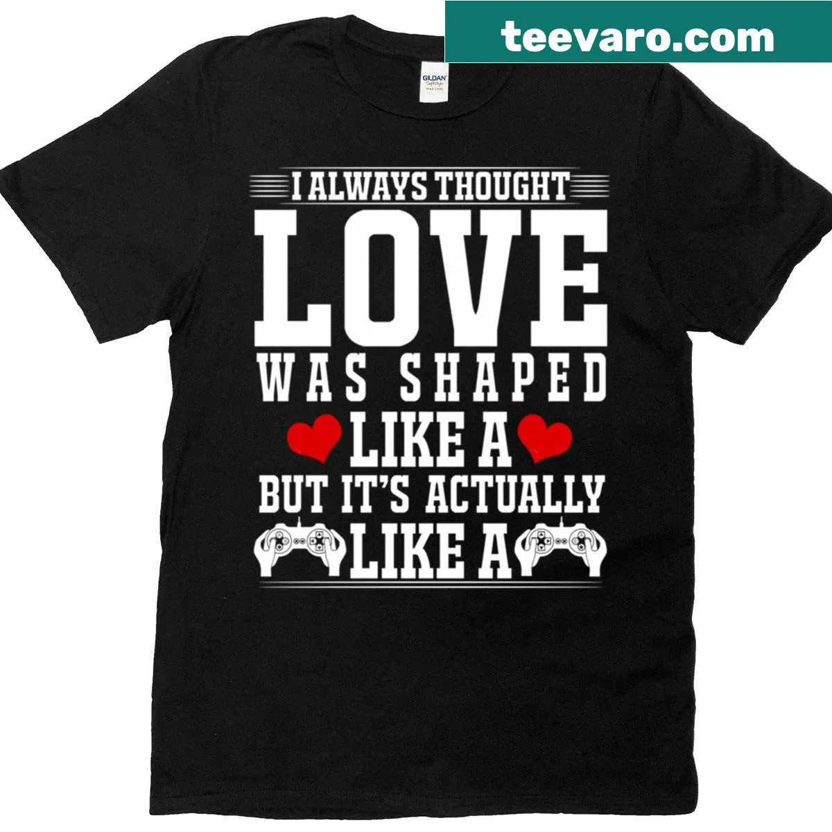 T-shirt with heart-shaped video game controller design — on a men's t-shirt