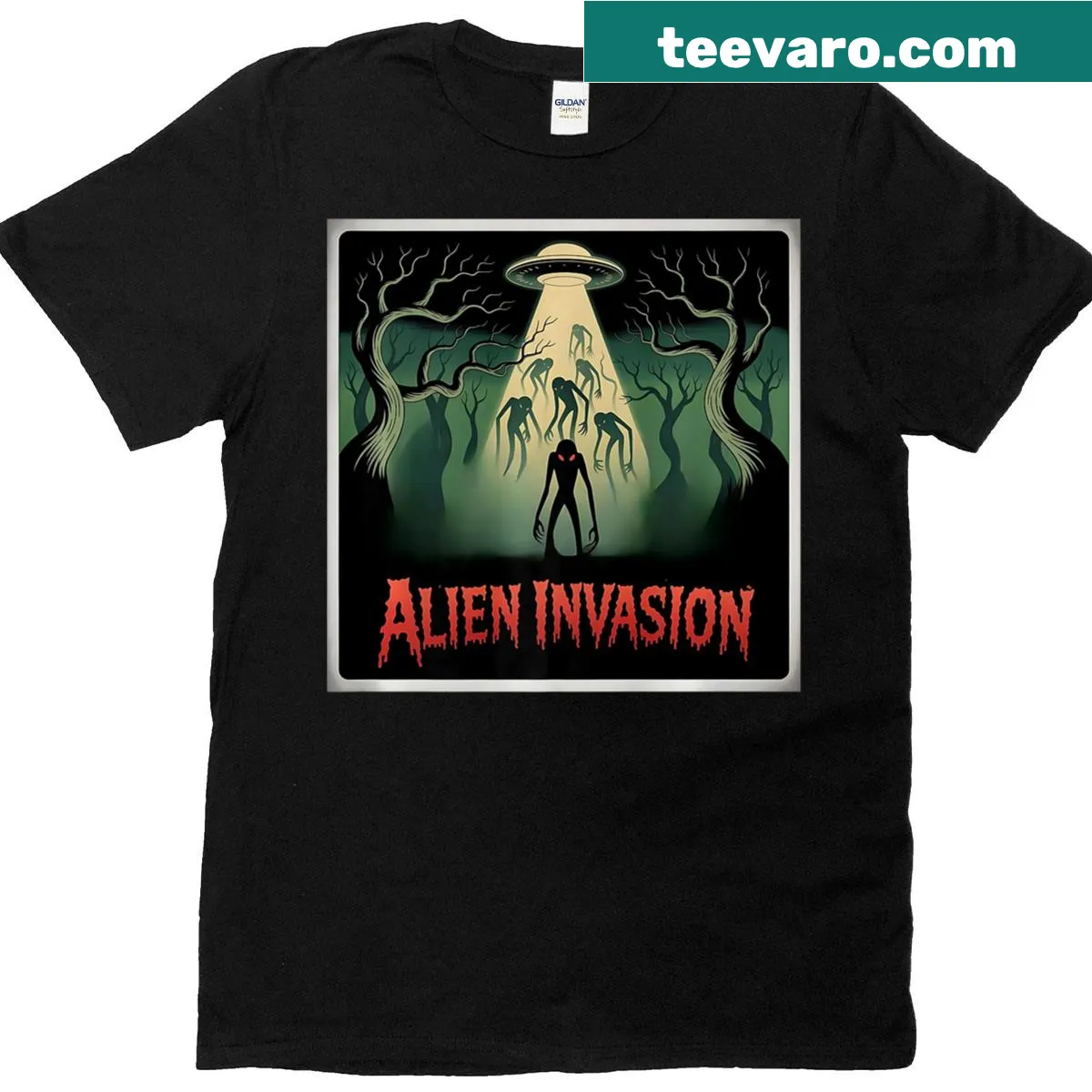 T-shirt depicting a fun alien abduction theme for sci-fi fans — on a men's t-shirt