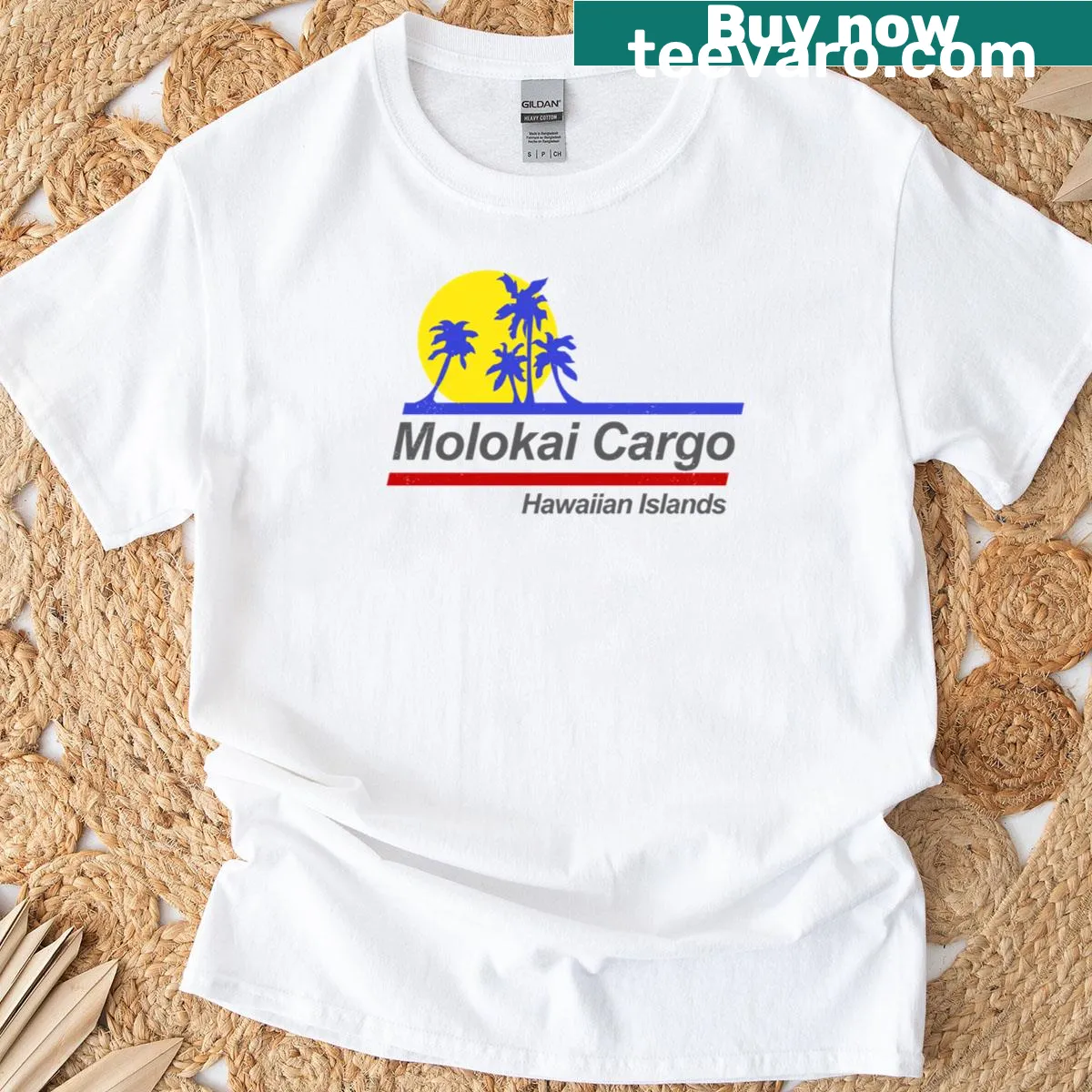 Vintage-style Molokai Cargo T-shirt featuring Hawaiian adventure graphics — on a men's t-shirt