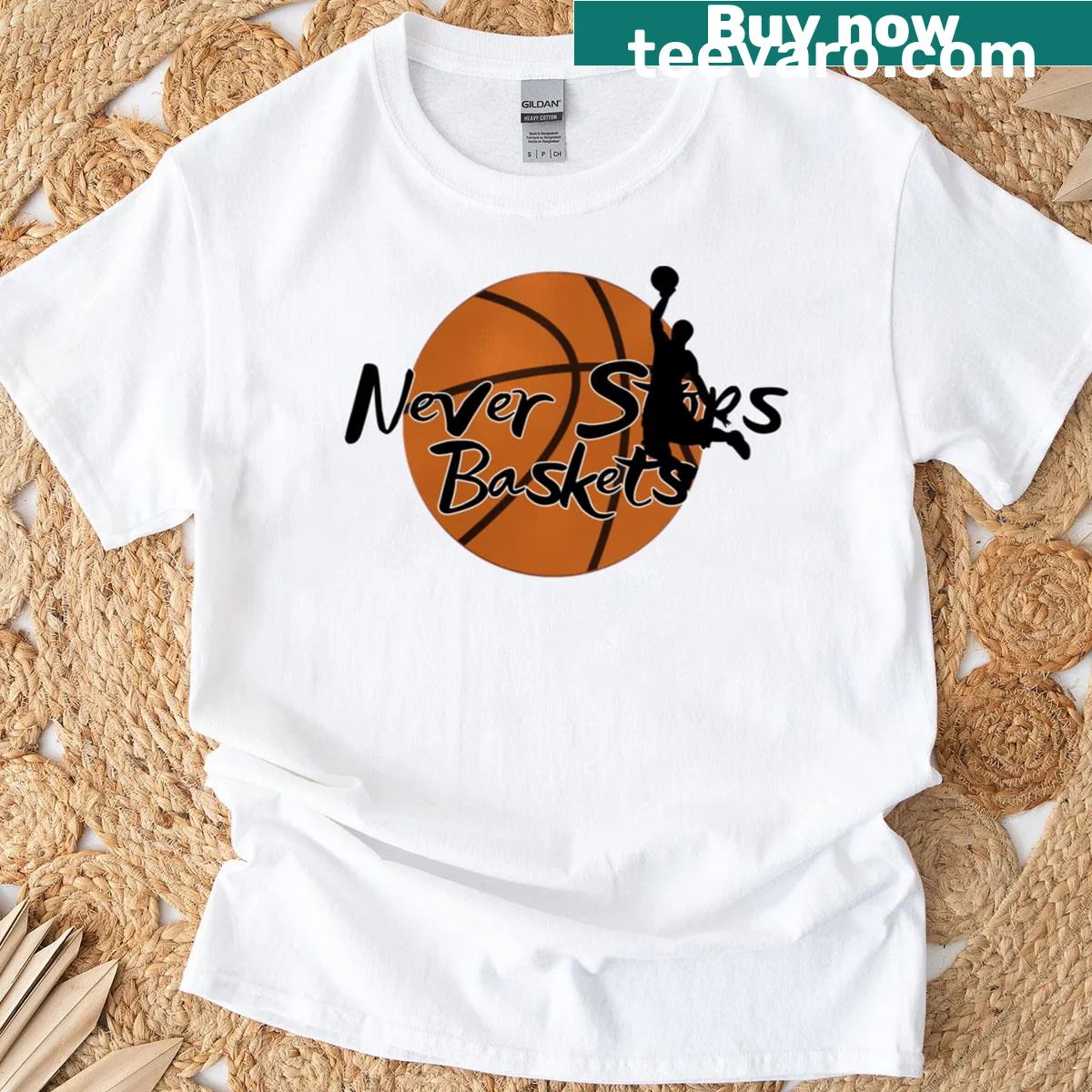 Typographic design with basketball theme saying 'Never Stop' on a classic t-shirt — on a men's t-shirt