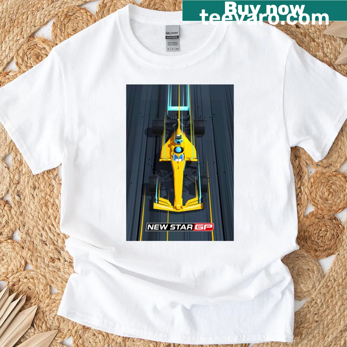 Edgy illustration of racing cars on a classic car-themed t-shirt — on a men's t-shirt