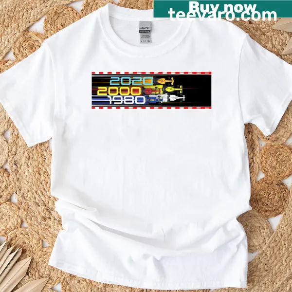 Vintage-style graphic representing different eras of racing on a classic t-shirt
