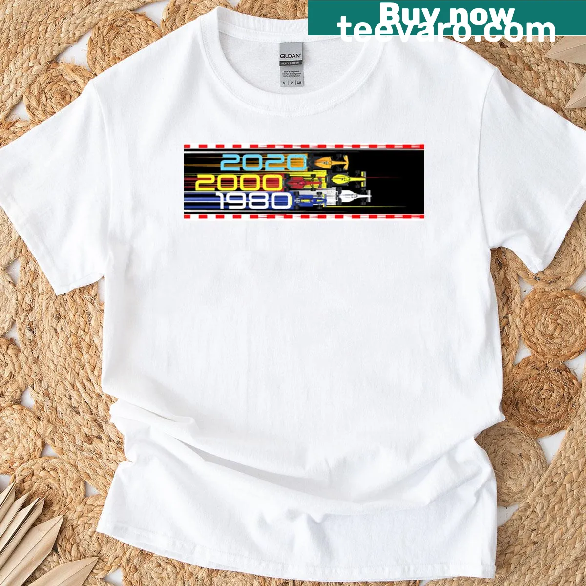 Vintage-style graphic representing different eras of racing on a classic t-shirt — on a men's t-shirt