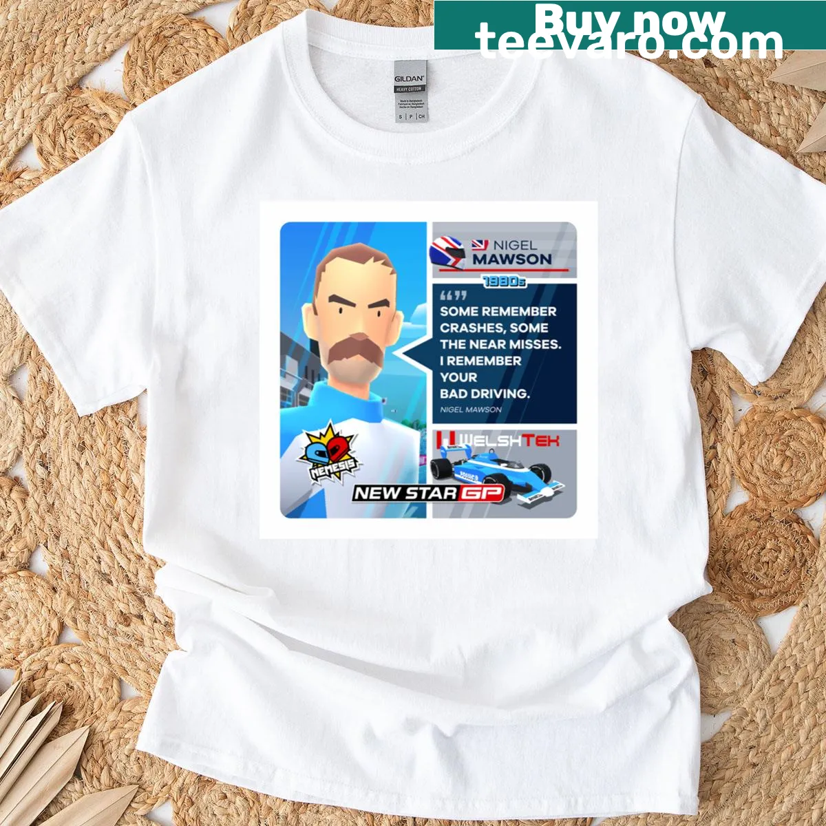 T-shirt featuring graphic design of New Star GP Mawson 1 racing vehicle — on a men's t-shirt