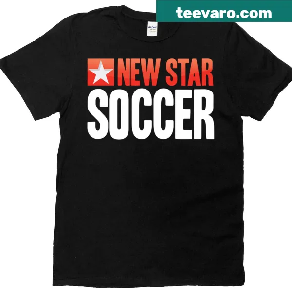 White t-shirt with bold 'New Star Soccer' typography
