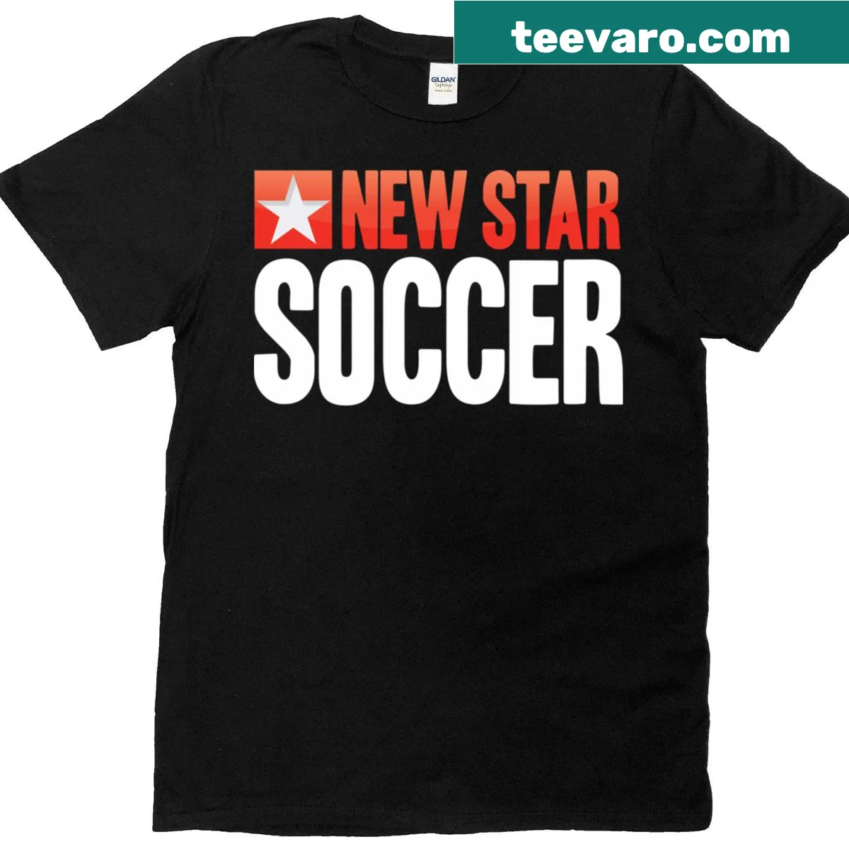 White t-shirt with bold 'New Star Soccer' typography — on a men's t-shirt