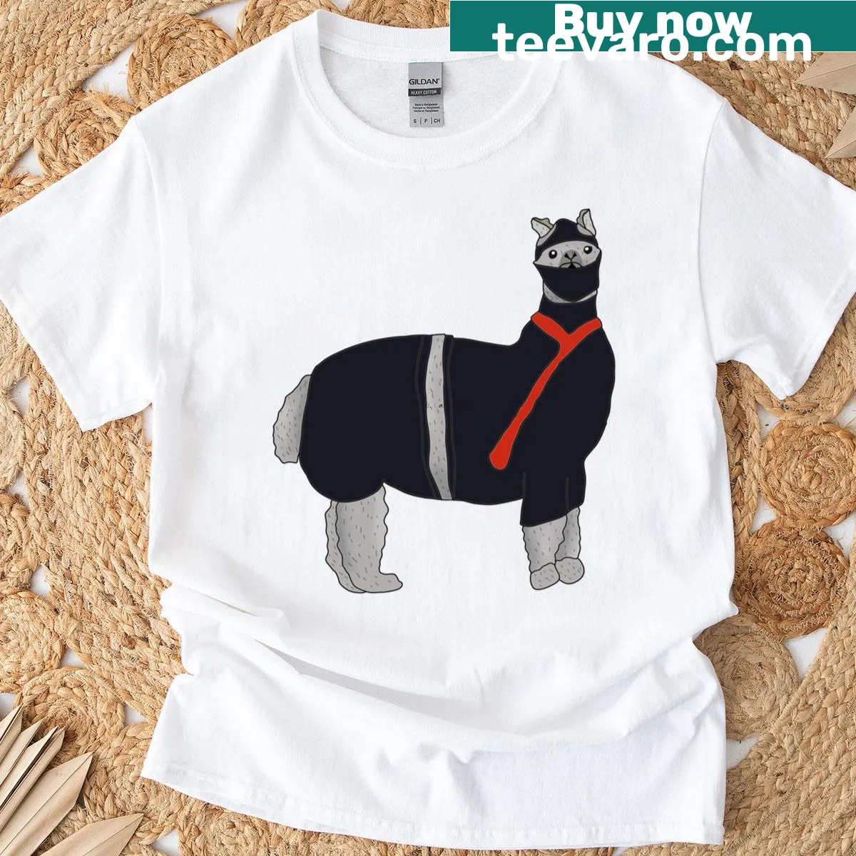 Clever design combining ninjas and llamas on t-shirt — on a men's t-shirt
