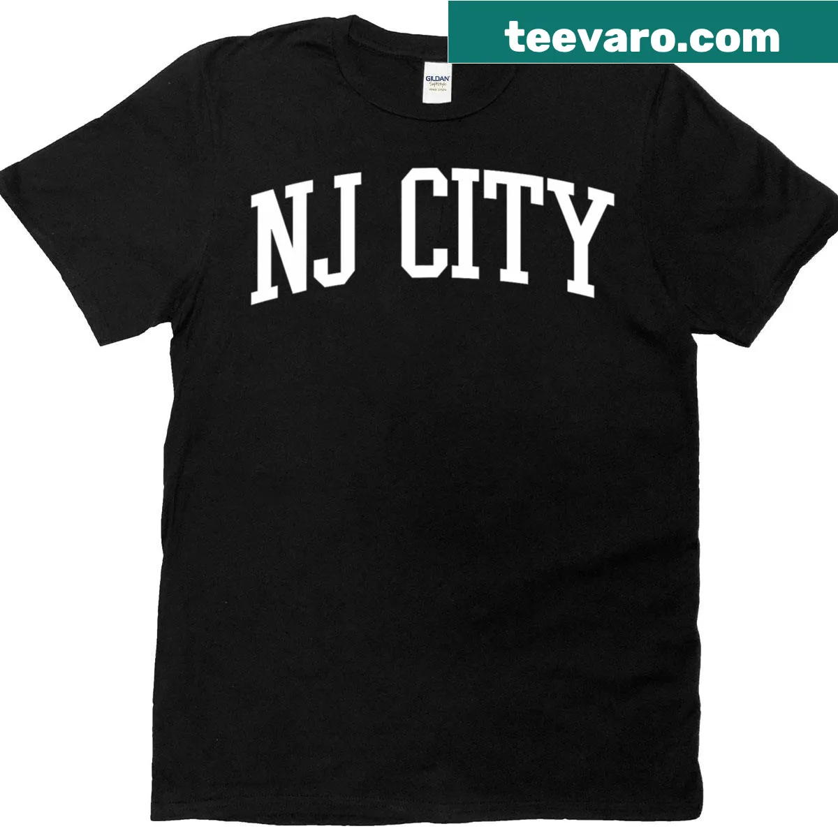 Vintage college athletic T-shirt with NJ City Arch graphic — on a men's t-shirt