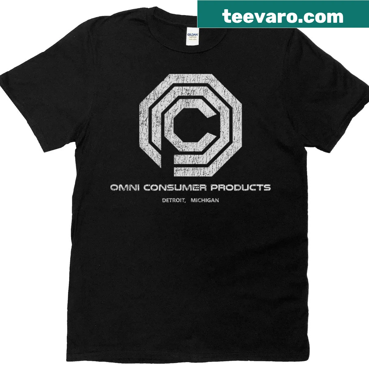 Pre-distressed T-shirt with Omni Consumer Products logo — on a men's t-shirt