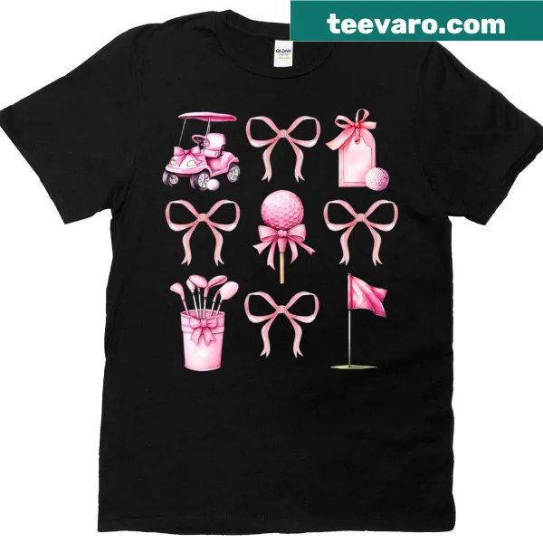Cute pink golf cart graphic t-shirt with coquette bow illustration