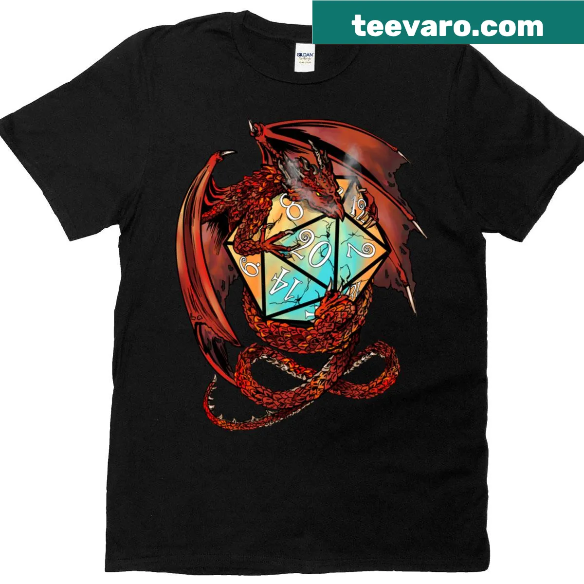 Illustration of a red dragon and dice on a classic gaming t-shirt — on a men's t-shirt