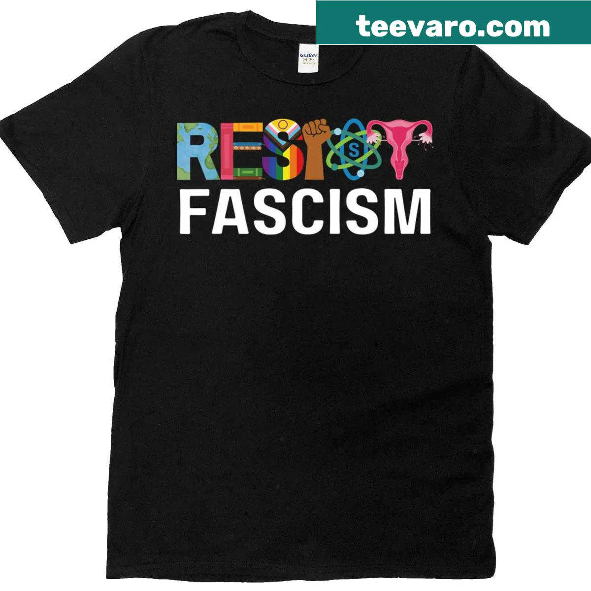 Anti-fascist and anti-racist message graphic t-shirt — on a men's t-shirt