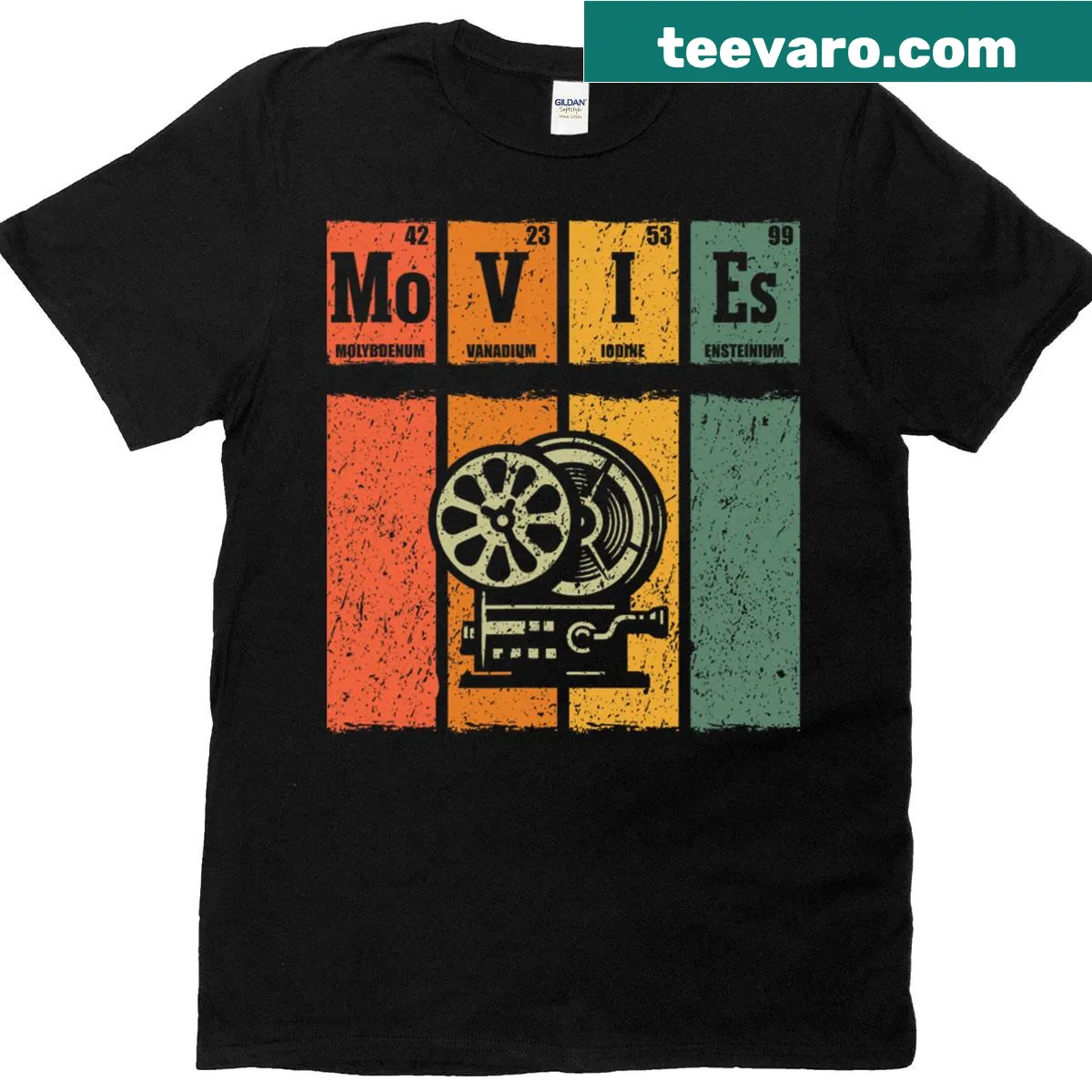 Retro t-shirt with periodic elements theme related to films — on a men's t-shirt