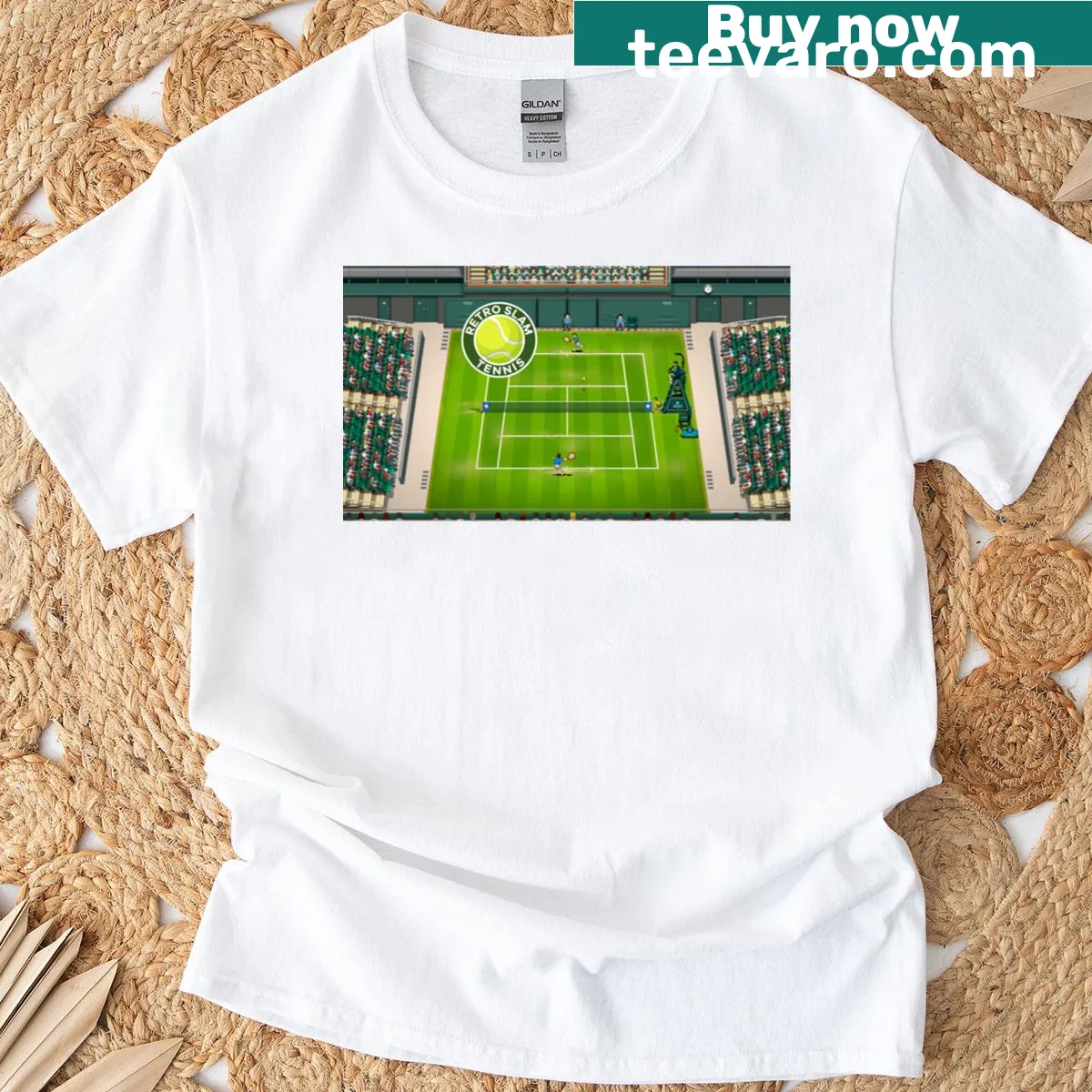 Retro tennis-themed t-shirt featuring a nostalgic court design — on a men's t-shirt
