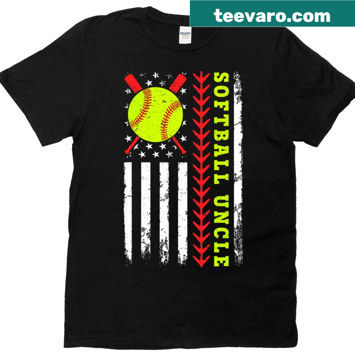 Softball uncle t-shirt featuring American flag and retro design — on a men's t-shirt