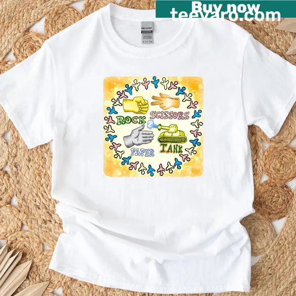 Vintage-style T-shirt featuring a tank and rock-paper-scissors graphic