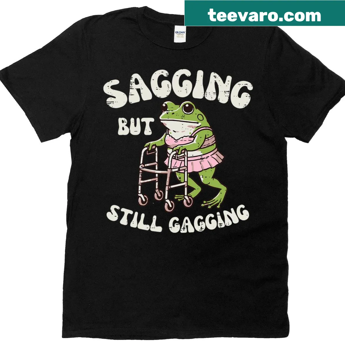 Funny frog T-shirt with a humorous meme about sagging and gagging — on a men's t-shirt