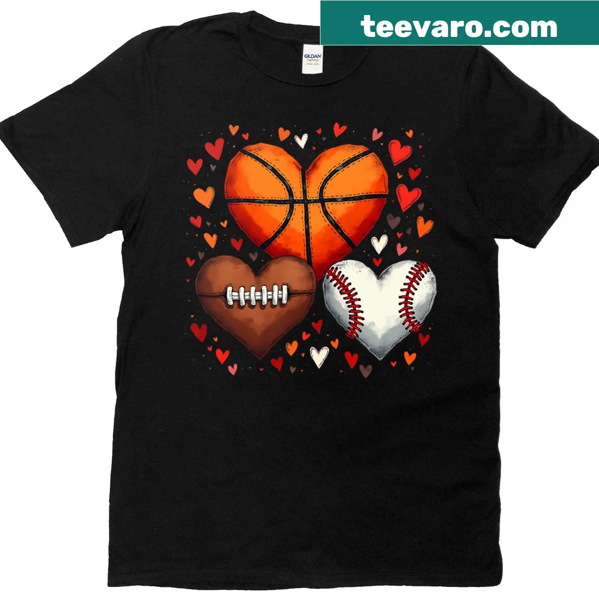Heart graphic T-shirt showcasing basketball, football, and baseball symbols — on a men's t-shirt