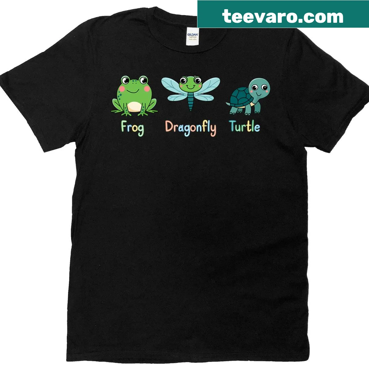 T-shirt with a humorous cartoon design featuring a frog, dragonfly, and turtle. — on a men's t-shirt