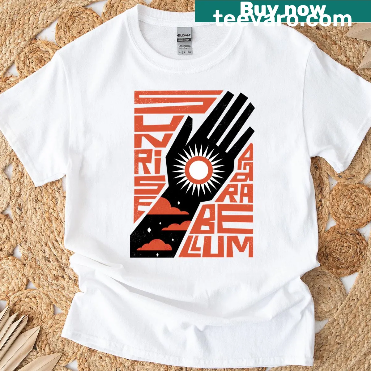 Minimalist line-art sunrise graphic on a classic t-shirt. — on a men's t-shirt