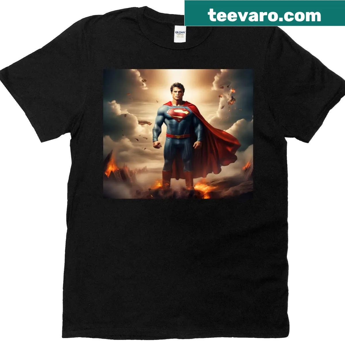 Classic t-shirt featuring superheroes and action-themed typography. — on a men's t-shirt