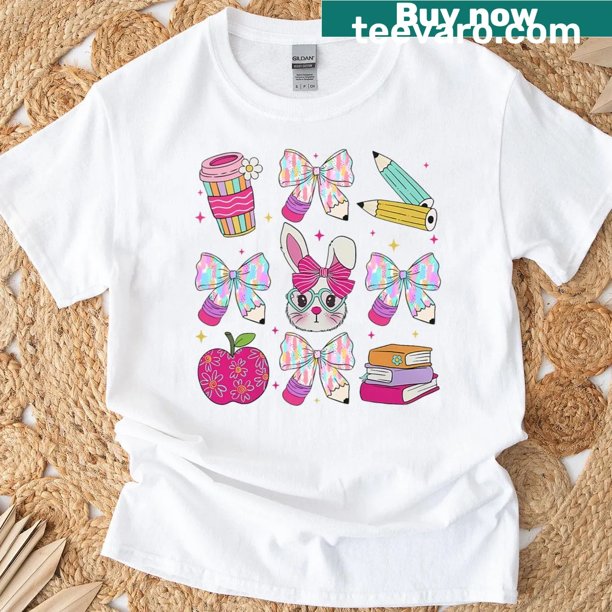 Cute bunny T-shirt with coquette bow for Easter — on a men's t-shirt