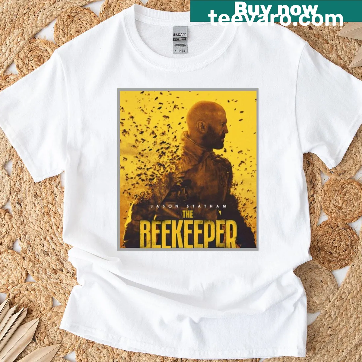Humorous beekeeper t-shirt with a graphic of a bee and Jason Statham reference. — on a men's t-shirt