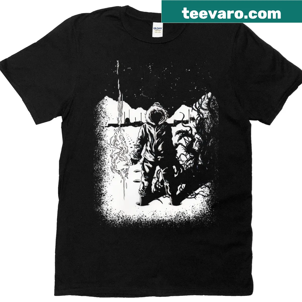 Distressed graphic of 'The Thing' movie on a classic t-shirt — on a men's t-shirt