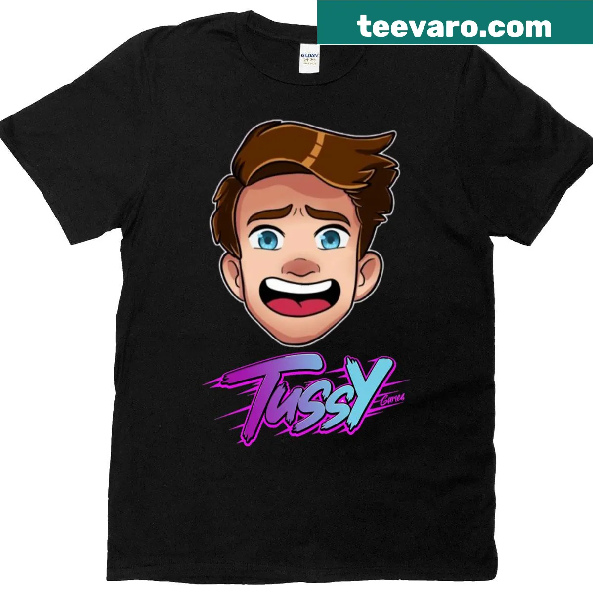 Tussy Games classic t-shirt featuring playful typography — on a men's t-shirt