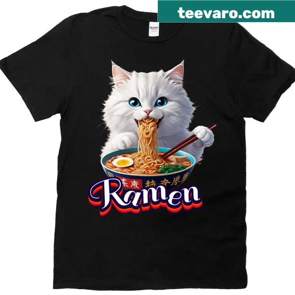 Funny cat eating ramen graphic T-shirt