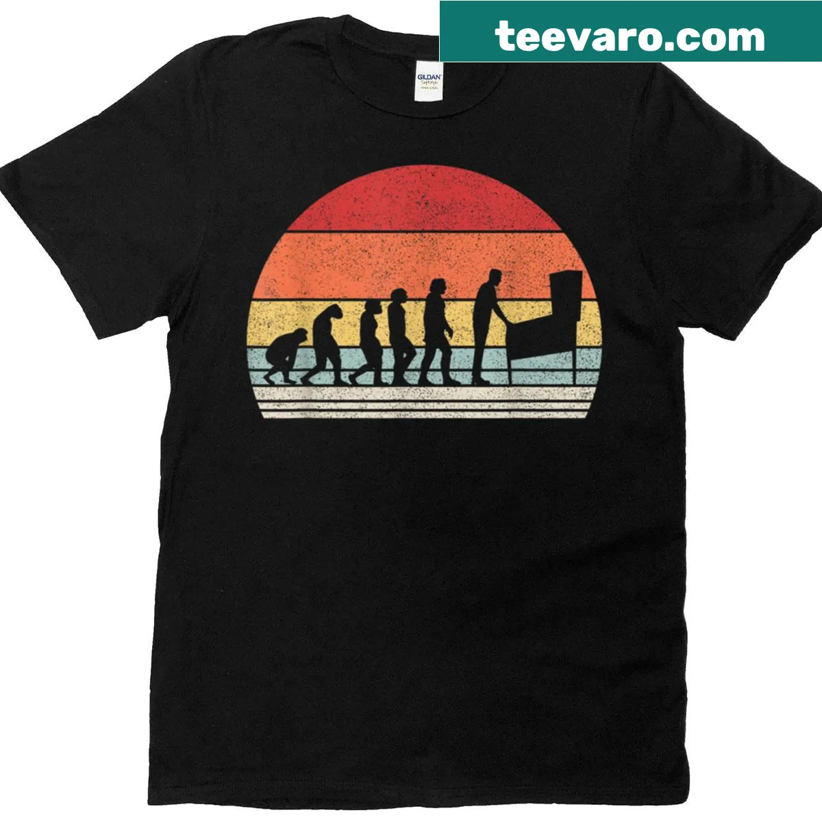 Vintage-style pinball evolution graphic t-shirt for pinball lovers — on a men's t-shirt