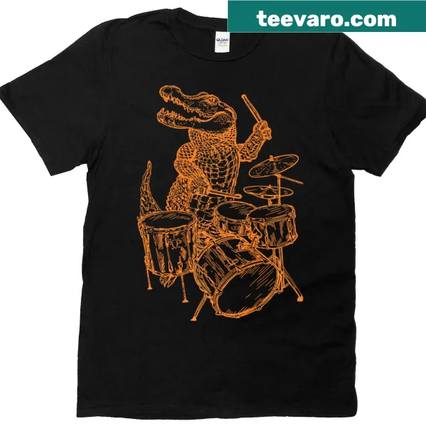 Whimsical T-shirt featuring an alligator playing drums