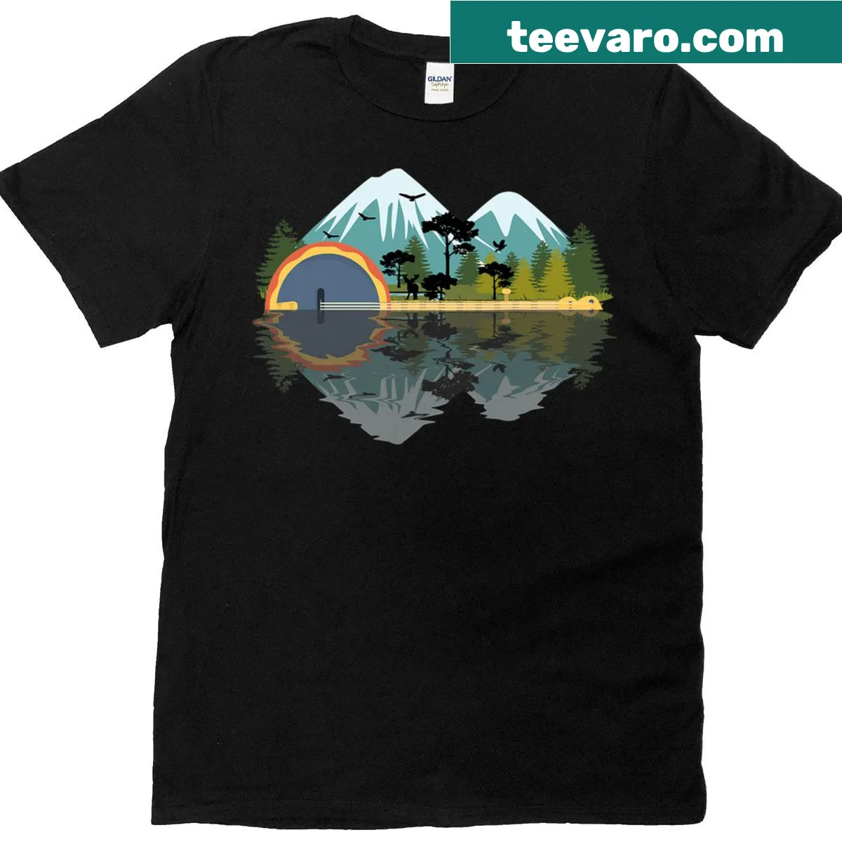 Banjo music themed t-shirt featuring a detailed banjo graphic. — on a men's t-shirt