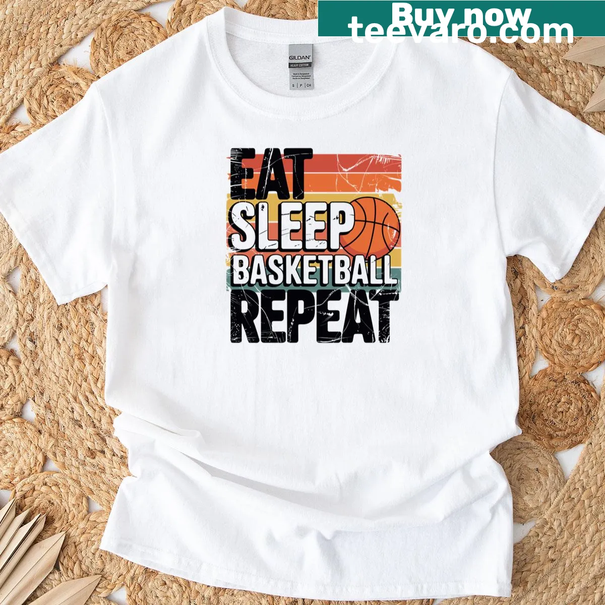 Retro design T-shirt with Eat Sleep Basketball Repeat slogan — on a men's t-shirt
