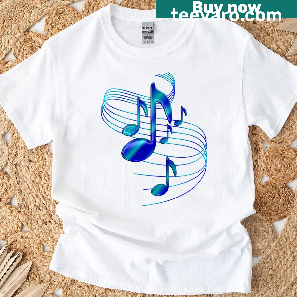 Classic t-shirt featuring flowing blue music notes design — on a men's t-shirt