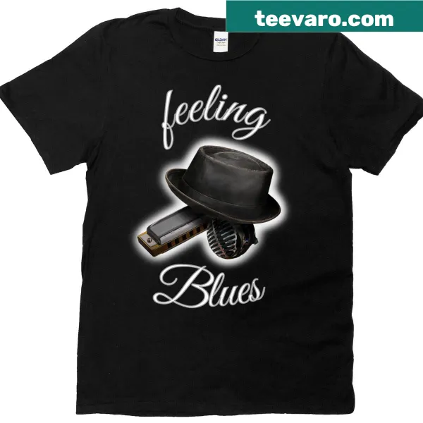 Blues-themed T-shirt featuring an illustration of a harp and musical notes