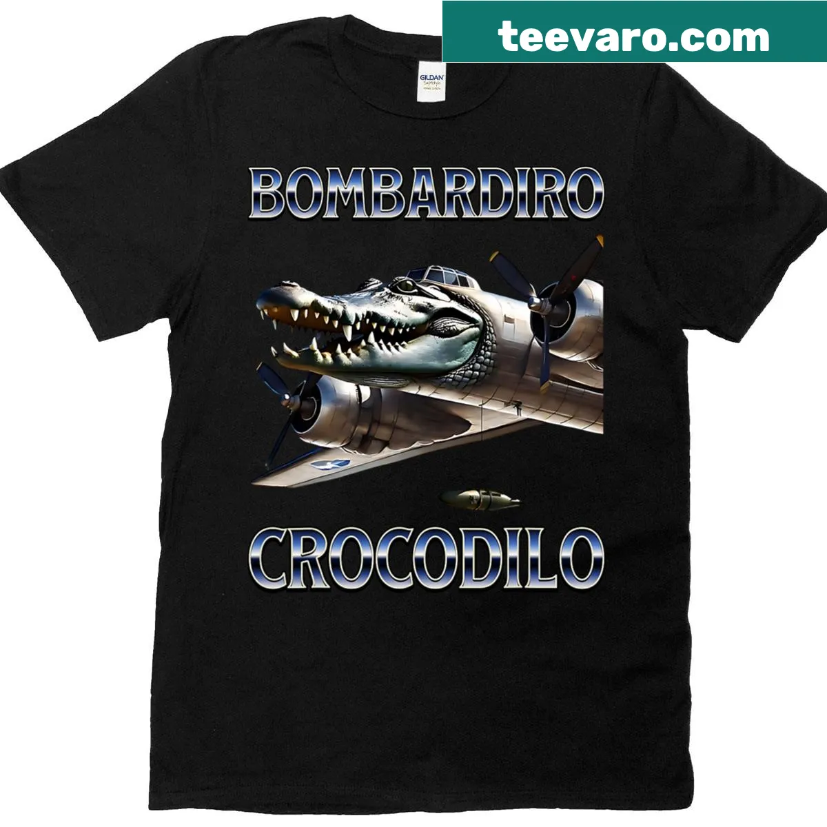 Funny t-shirt featuring the 'Bombardiro Crocodilo' meme design. — on a men's t-shirt