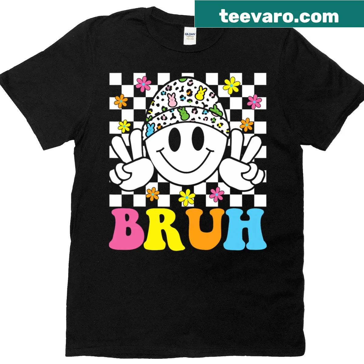 Funny Easter t-shirt with a happy bunny face and 'Bruh' text — on a men's t-shirt
