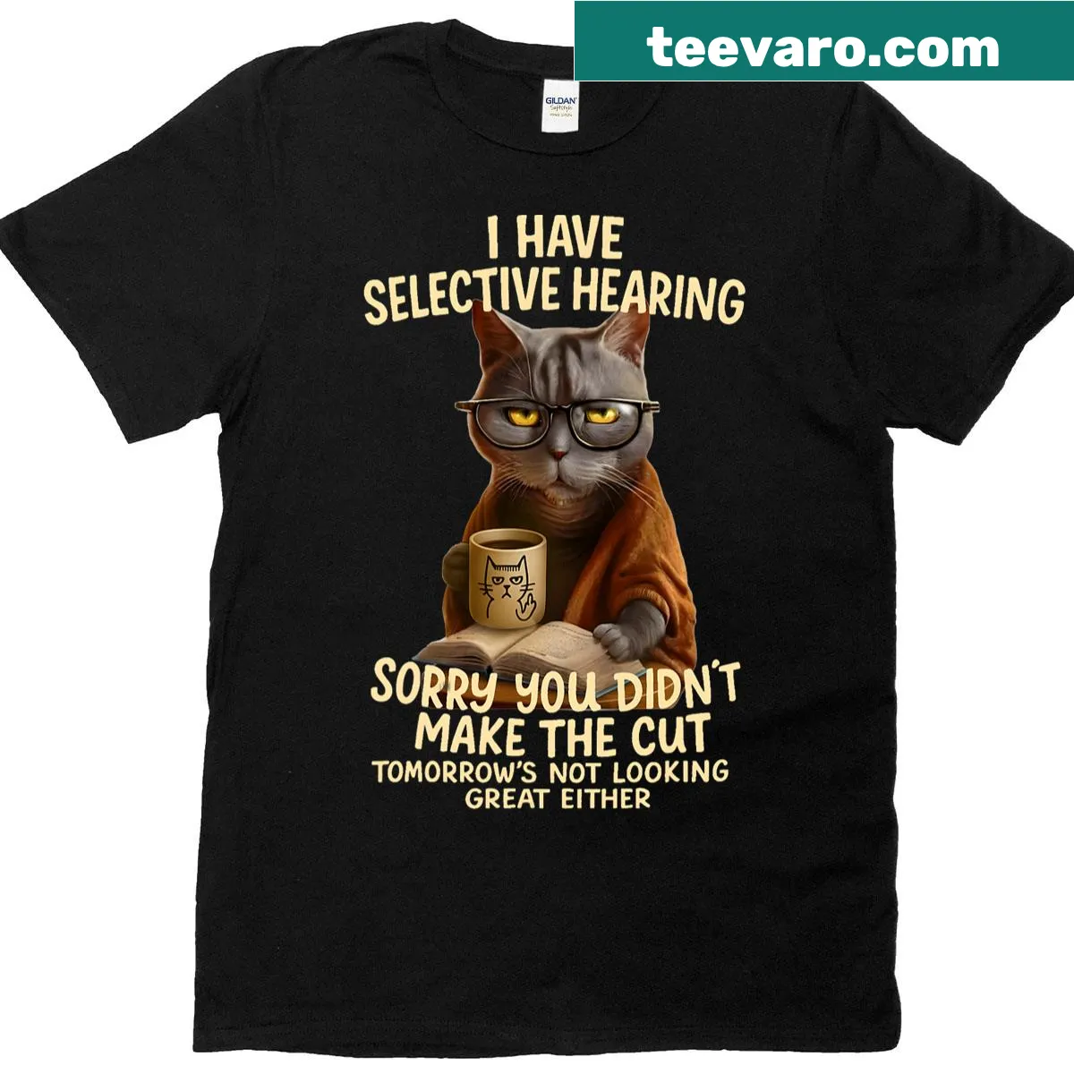 Funny cat-themed shirt about selective hearing with playful text — on a men's t-shirt