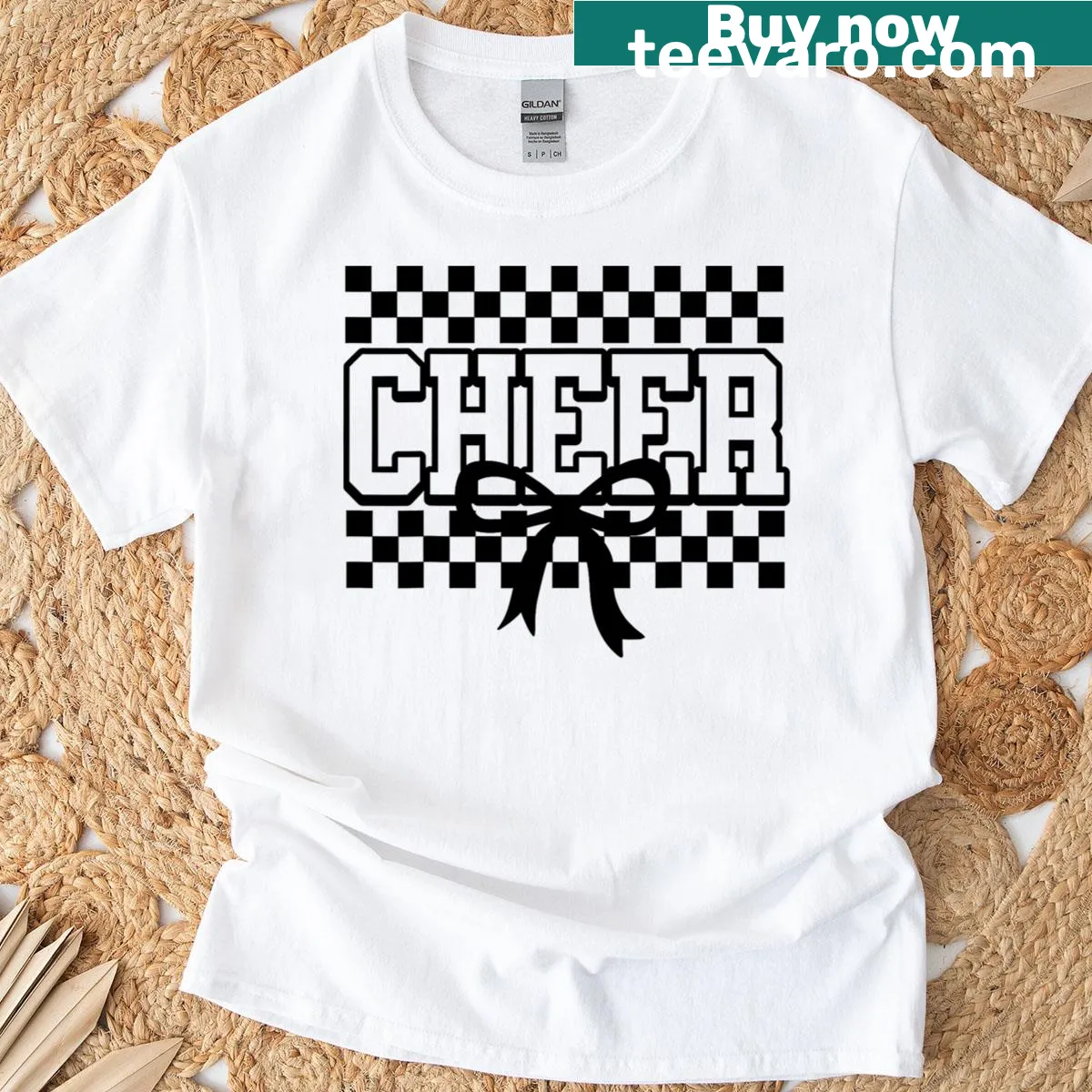 Checkered cheerleading-themed t-shirt for youth cheerleaders — on a men's t-shirt