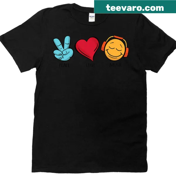 T-shirt with text and symbols for peace, love, and music