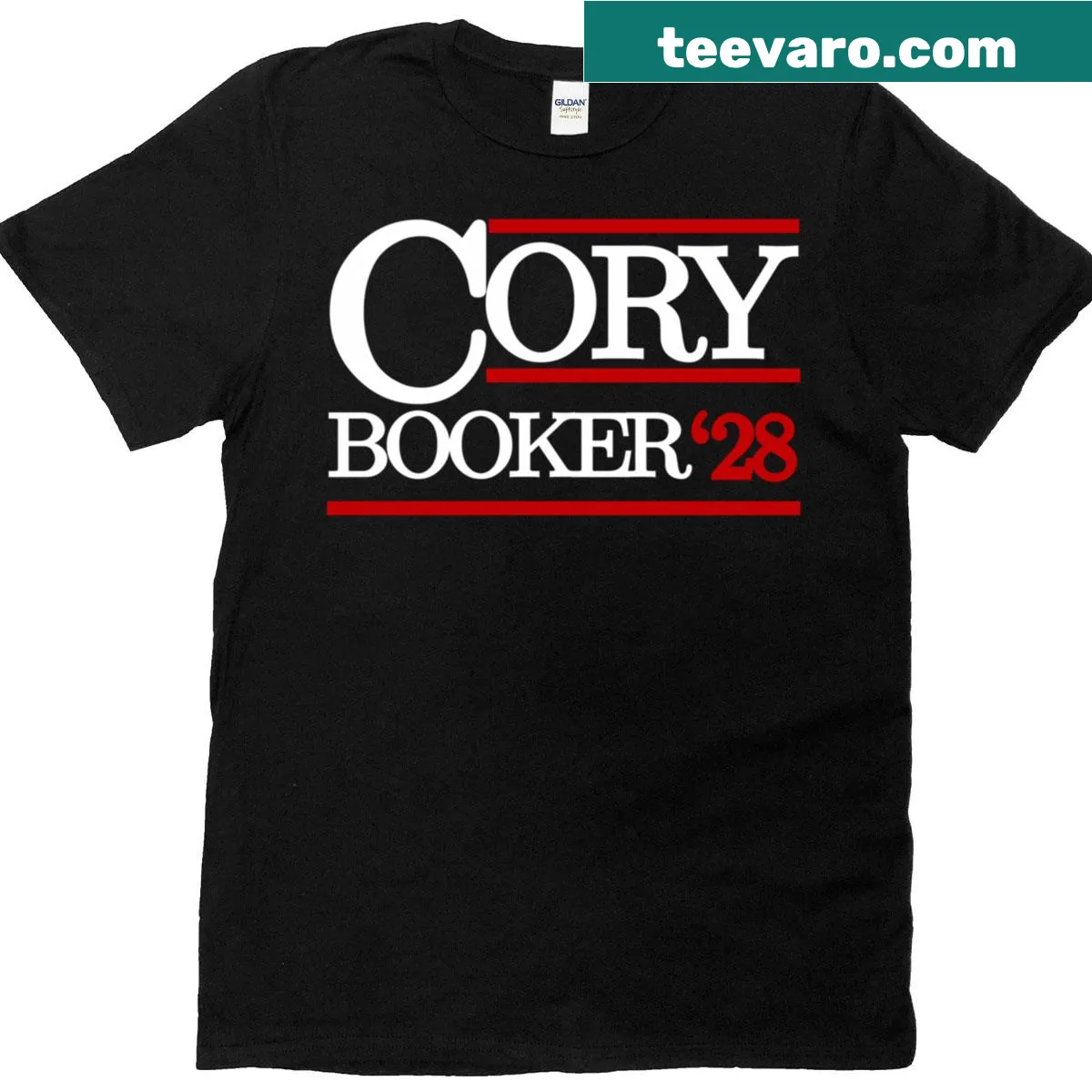 Political campaign T-shirt supporting Cory Booker for 2028 elections — on a men's t-shirt