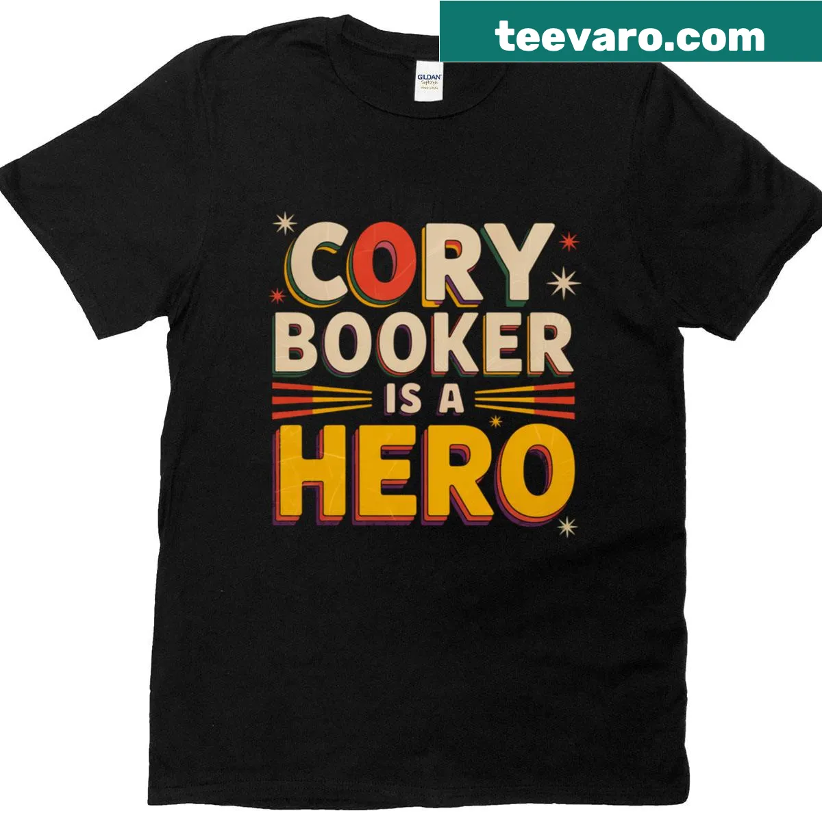 Essential t-shirt with 'Fight For Freedom' and 'Cory Booker Is A Hero' text — on a men's t-shirt